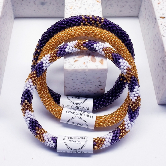 PURPLE & GOLD -Original Roll-On® Bracelets, 7" round, made in Nepal #2(3 pieces) - Picture 1 of 7